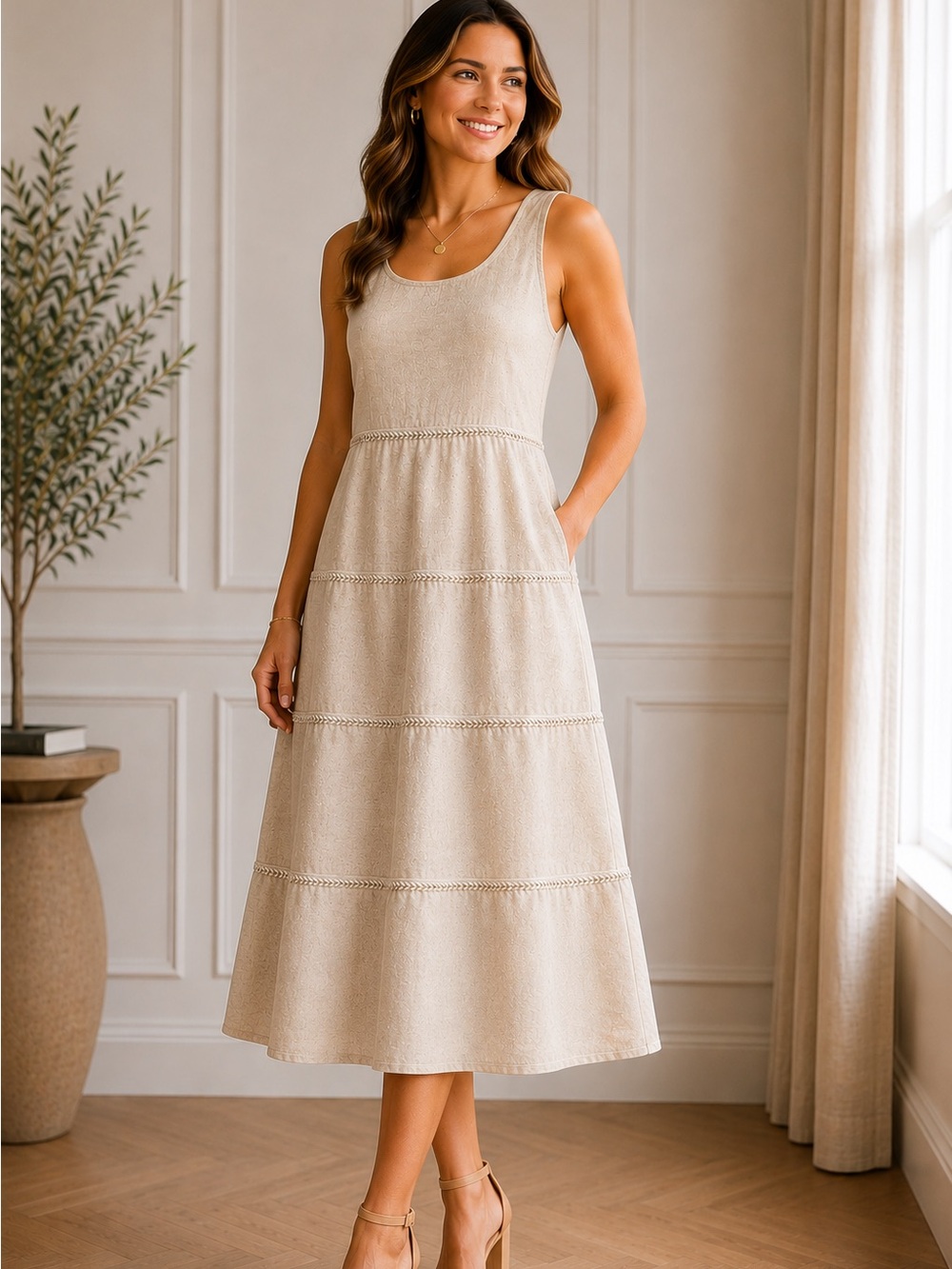 J. Jill Linen Tan Mixed Media Tiered Sleeveless Midi Dress | Size S